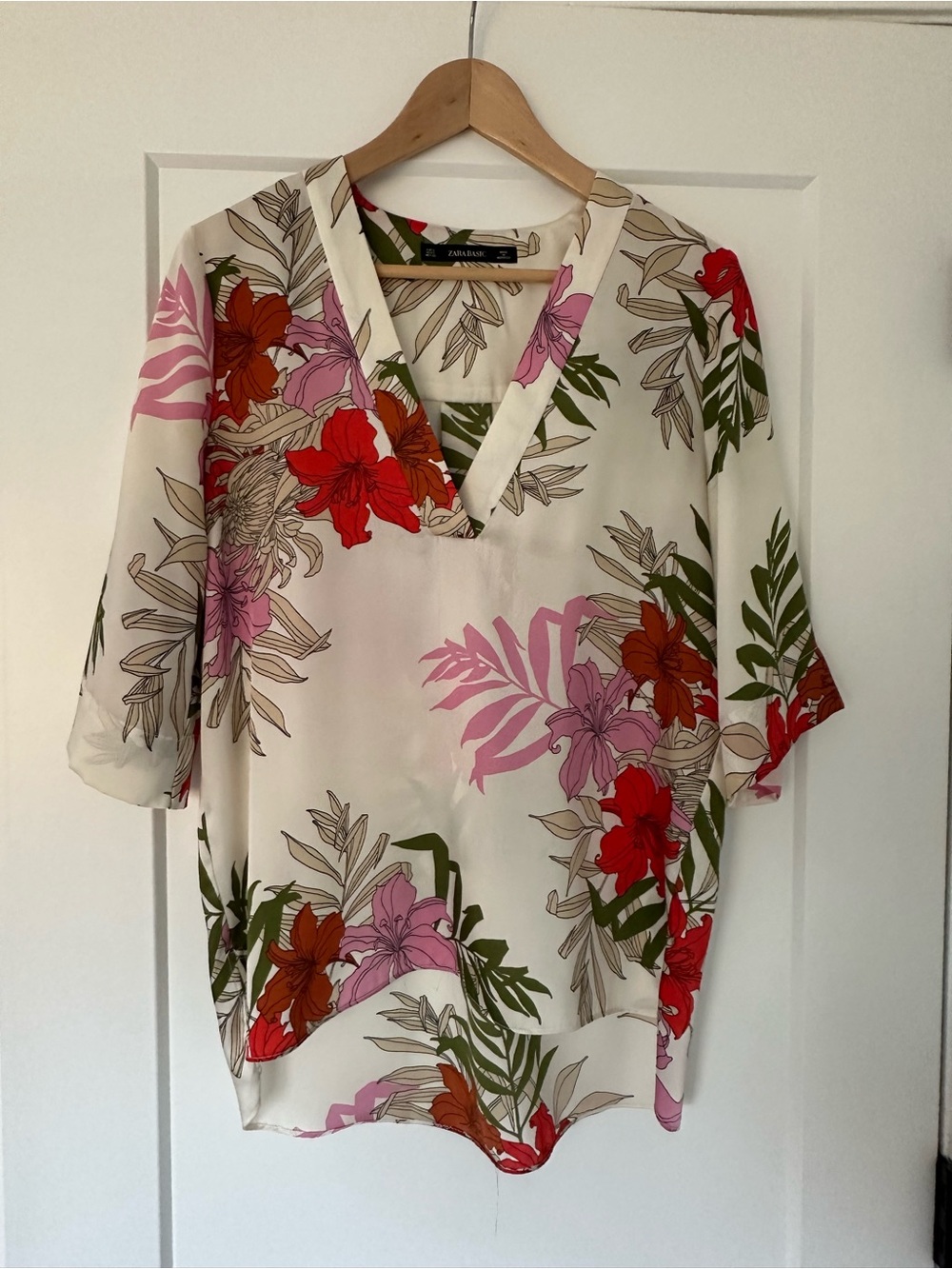 Zara Cream Floral V-Neck Blouse with Red & Pink Blooms